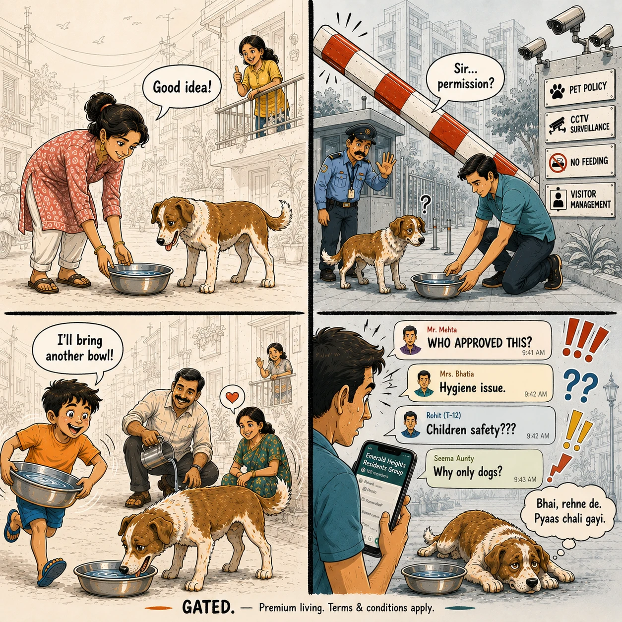 Four-panel comic contrasting a woman and child giving water to a street dog with a gated apartment where a giant security barrier and group-chat messages overwhelm the same small act.